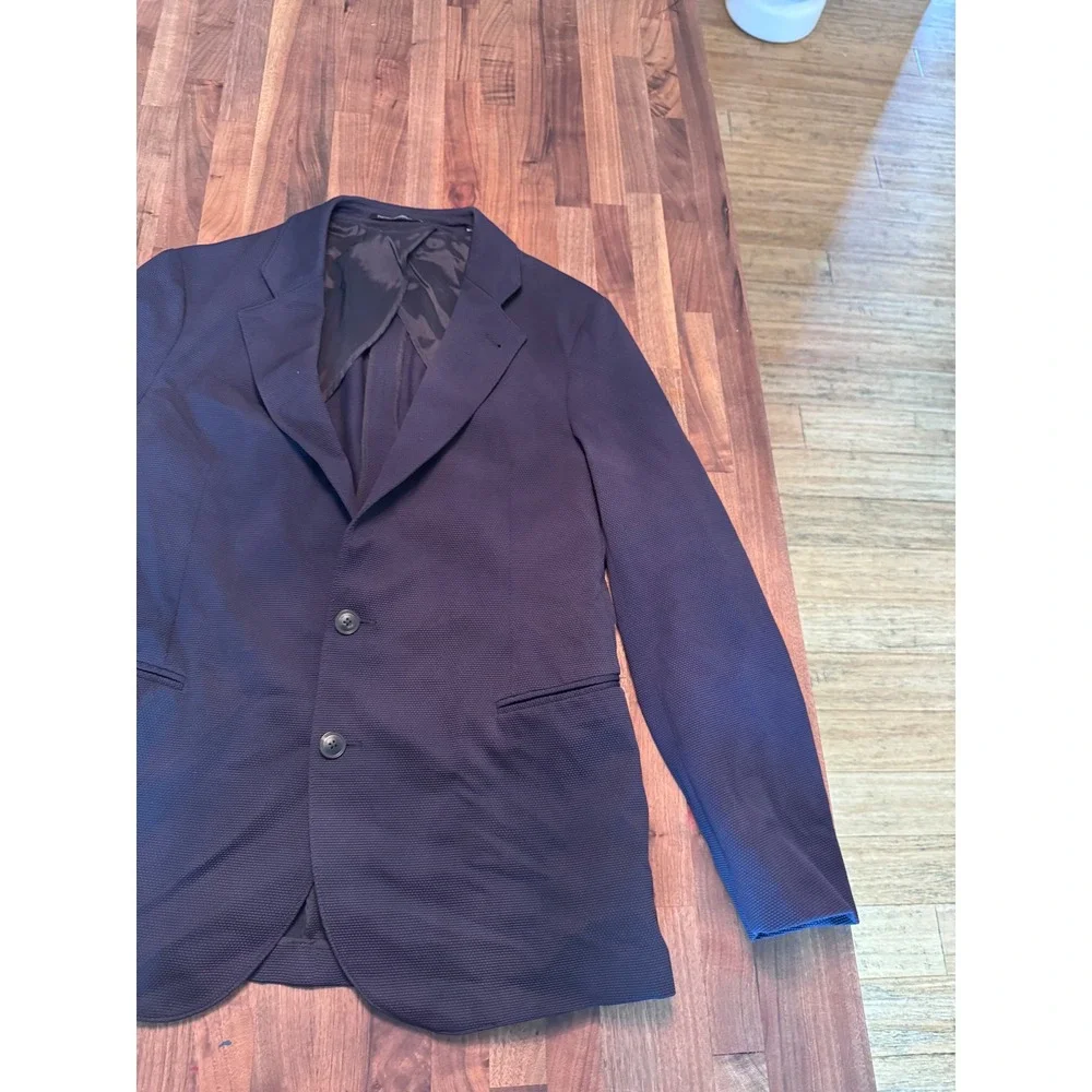 Emporio Armani Mens Navy Blue Textured Pique Knit 2-Button Blazer Sport Coat